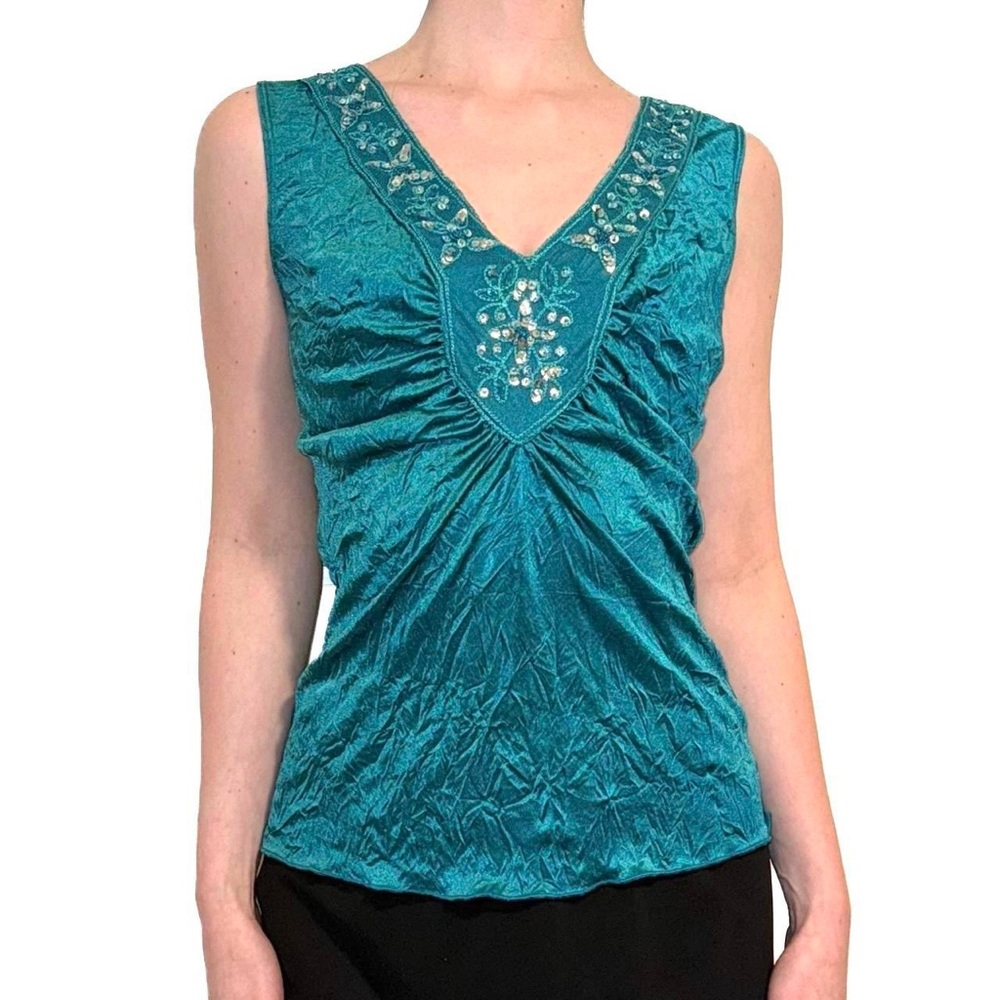 Vintage y2k blue satin crinkle tank top w mesh, embroidery, and sequin accents